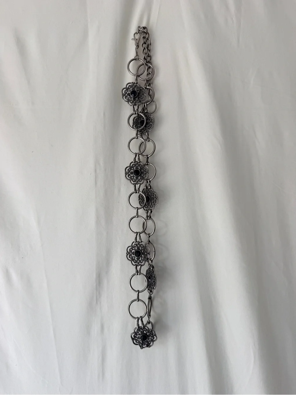Vintage-Inspired Gunmetal Floral Link Belt with Black Stones